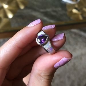Amethyst, Opal and Sterling Silver Ring. Size 7